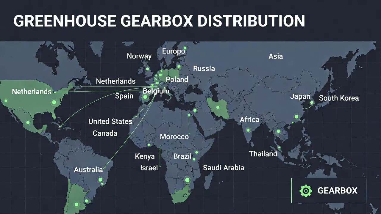 World export map showing Ever-power greenhouse gearbox distribution across Europe, Americas, Asia, Africa and Oceania